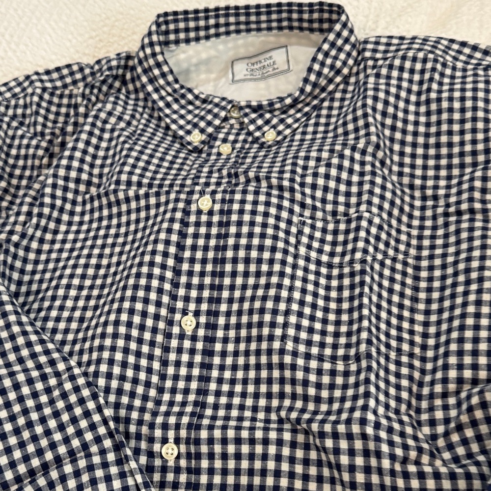 Officine Generale Navy and White Checkered Button Down Casual Shirt